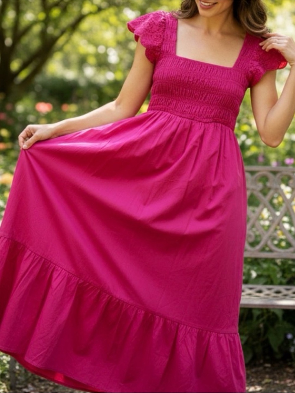 Jason Wu Hot Pink Cutout Back Dress Smocked SMALL Cotton Summer Midi Ruffle Hem
